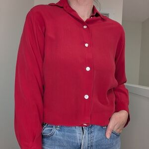Vintage Red 100% Silk Blouse, Button Up Long Sleeve Size 8